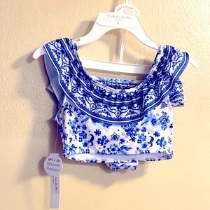 New Tahari Blue and White floral Ruffled 2piece  swimming suit 7 girls
